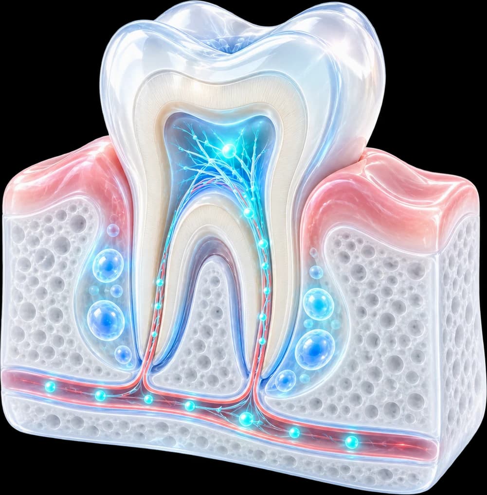 Schematic cross-section of a tooth with gum tissue and jawbone