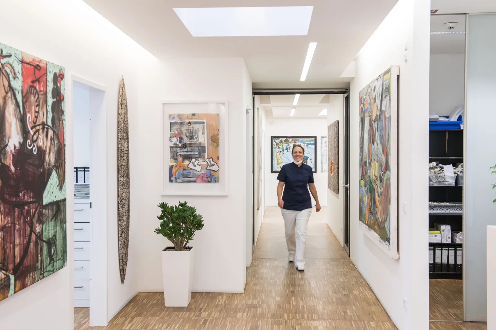 Bright practice hallway with artwork